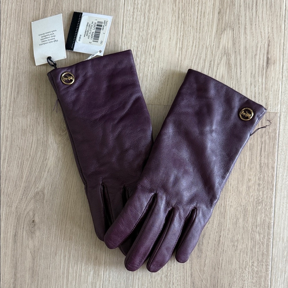 Coach Purple Leather Gloves with Button Detail